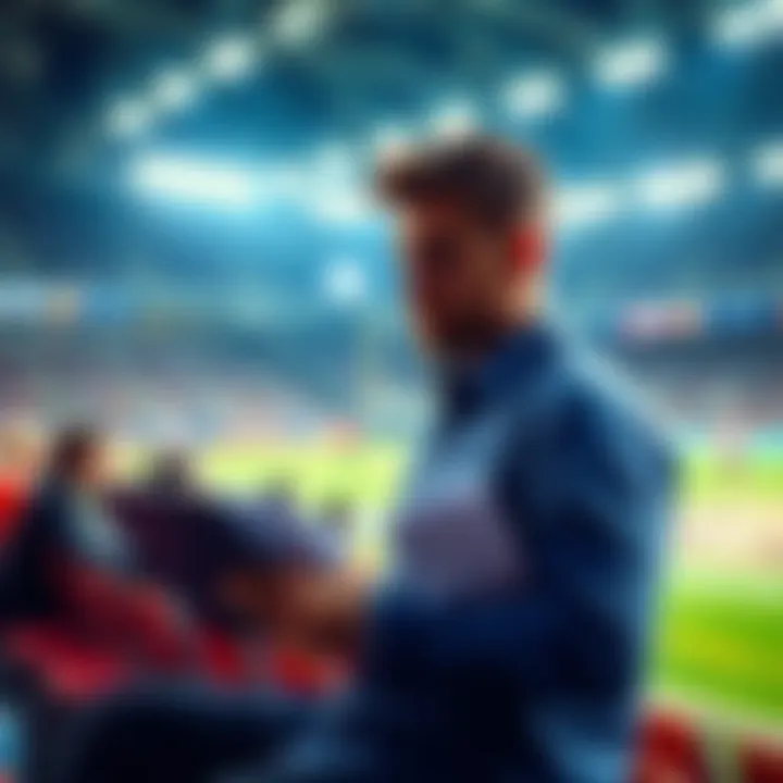 A football fan reviewing betting options during halftime at a game, with a laptop and betting slips in hand.