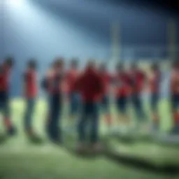 A football team gathers around their coach during halftime, discussing strategies and refreshing after the first half of the game.
