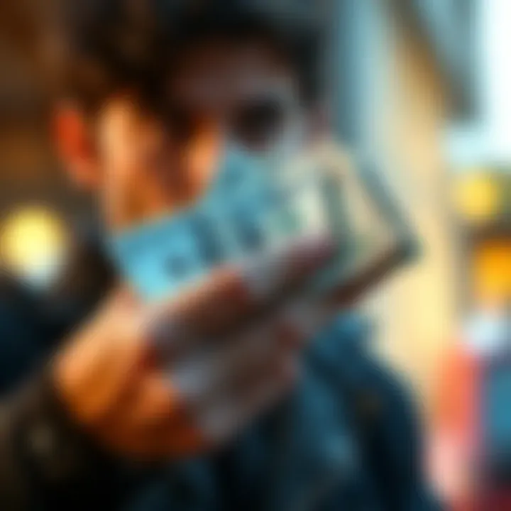 A person holds a handful of cash with a focused expression, symbolizing ways to earn quickly.