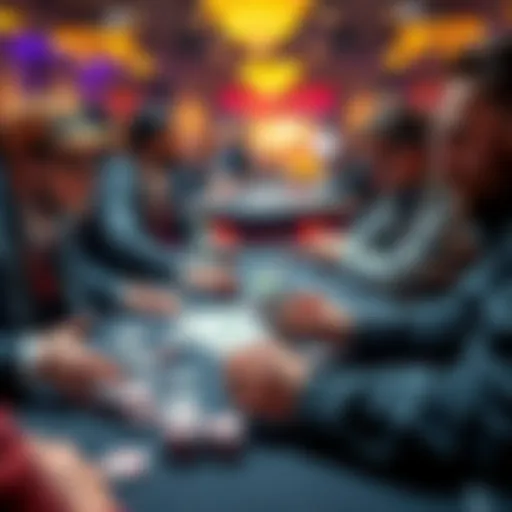 Poker players analyzing a hand at a live multi-table tournament, showcasing strategic decision-making with cards on the table.
