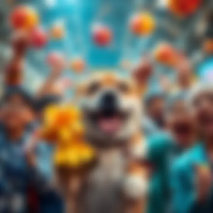 A joyful dog holding a prize in its mouth, surrounded by people celebrating their wins from the dog promo