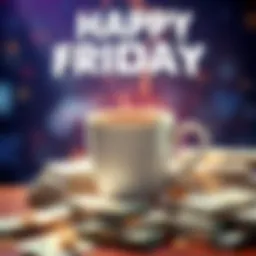 A vibrant Friday scene featuring a steaming cup of coffee and stacks of cash, symbolizing excitement for the weekend betting opportunities.