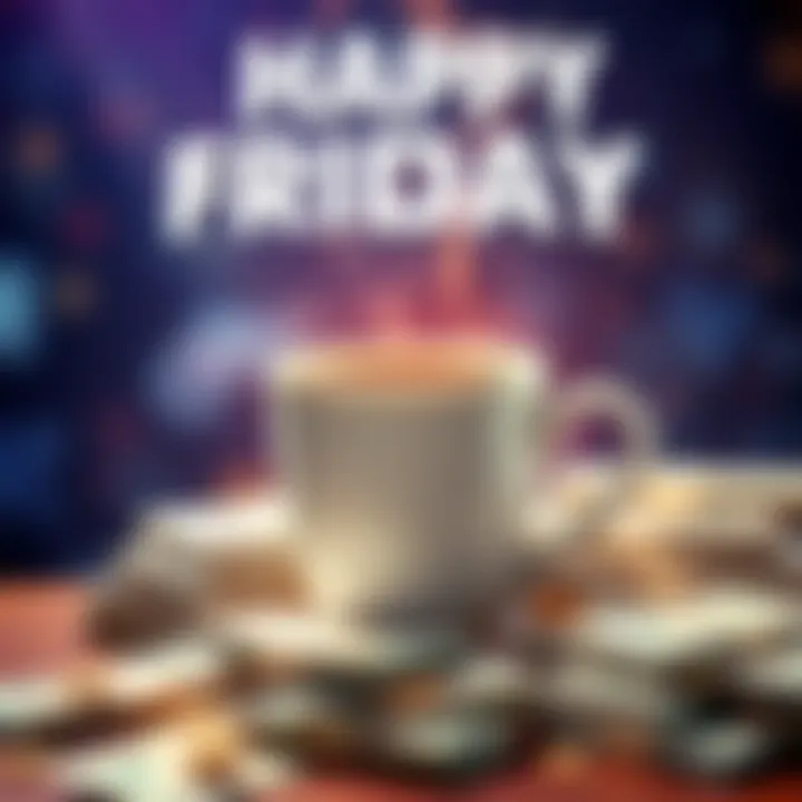 A vibrant Friday scene featuring a steaming cup of coffee and stacks of cash, symbolizing excitement for the weekend betting opportunities.