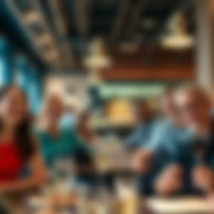 A group of happy guests enjoying their time at a restaurant, smiling and engaging with staff.