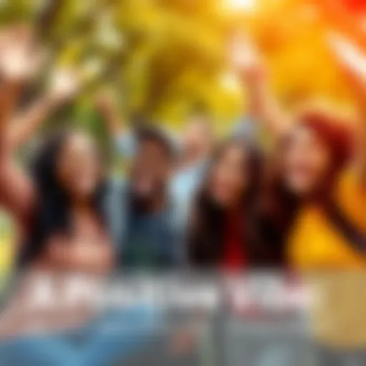 A diverse group of people smiling and celebrating together in a park, showing positive vibes and community spirit.