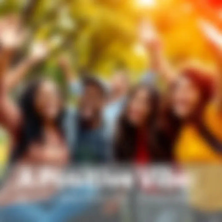 A diverse group of people smiling and celebrating together in a park, showing positive vibes and community spirit.