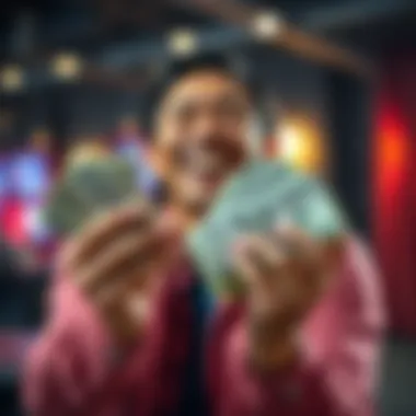 A joyful person smiling while holding a stack of cash, symbolizing financial freedom after quitting gambling.