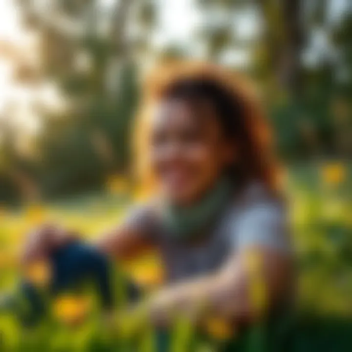 A joyful person smiling while sitting on grass with sunny background and greenery around.