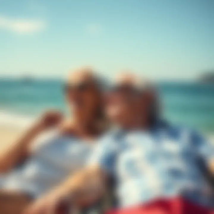 A cheerful couple relaxing at the beach during their retirement, soaking up the sun and enjoying quality time together.