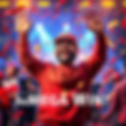 A person joyfully celebrating a mega win with arms raised, surrounded by confetti and smiles.