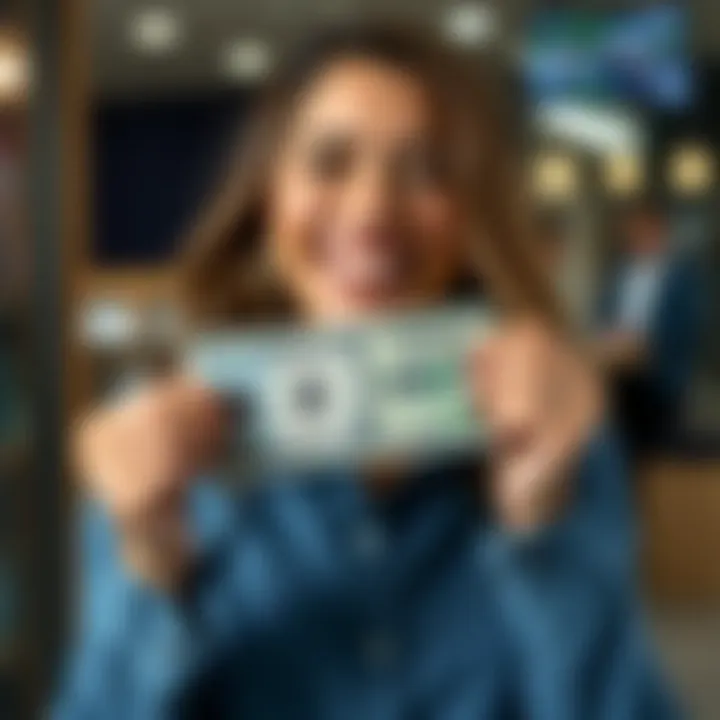 Woman smiling while holding a $10 bill A happy woman holds a $10 bill with excitement, representing easy rewards