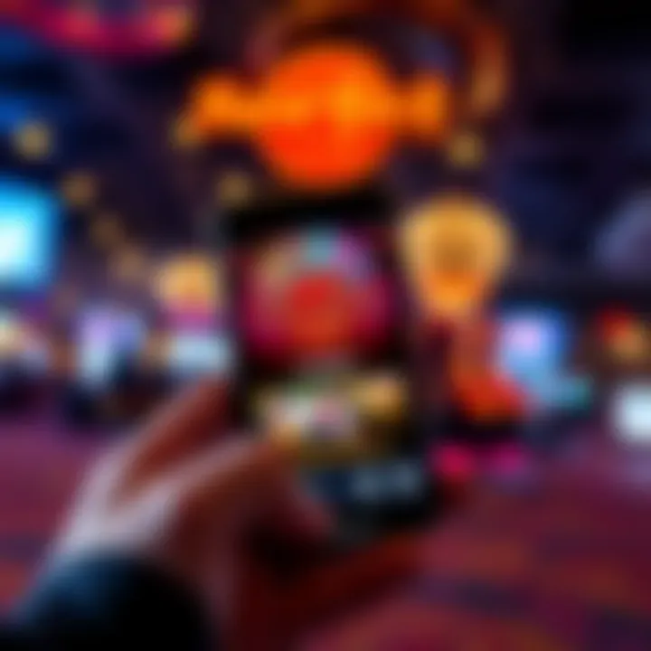A smartphone displaying the Hard Rock Casino app interface with casino graphics