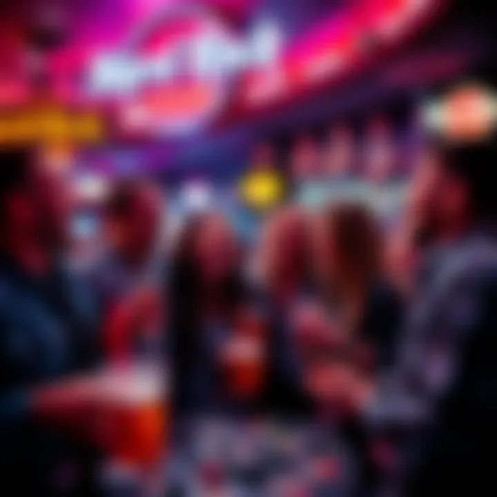 A group of friends celebrating at a Hard Rock Casino, showing excitement while discussing their gaming perks and comps.