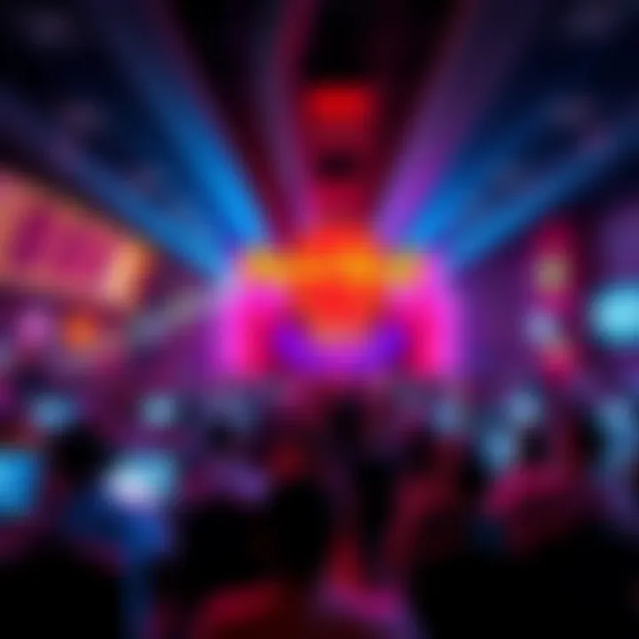 A crowd of people enjoying gaming tournaments at Hard Rock Hollywood with colorful lights and excitement in the atmosphere