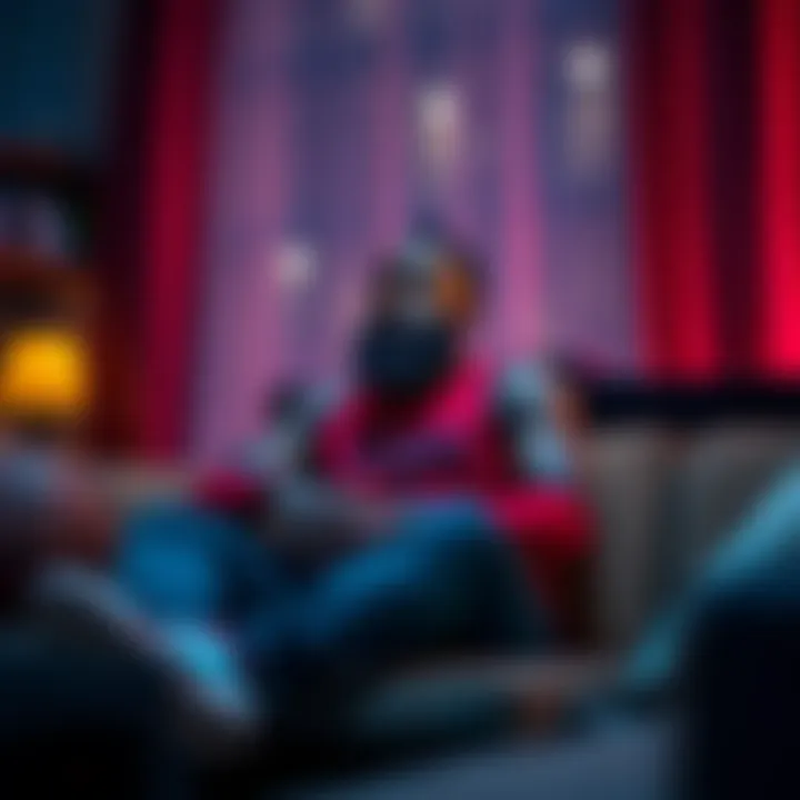 James Harden sitting on a couch looking thoughtful, with a basketball in the background.