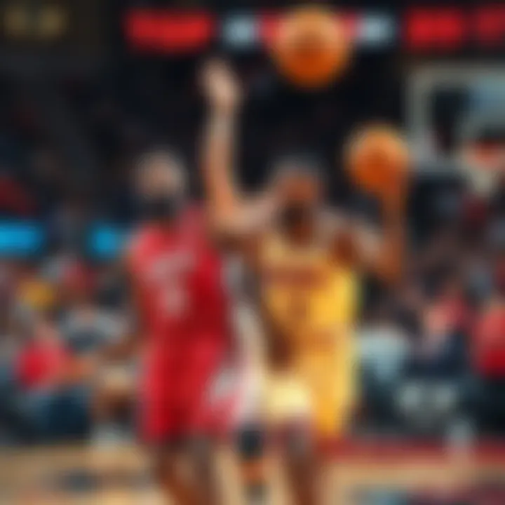 James Harden and Daniss Jenkins on the court James Harden and Daniss Jenkins play in an intense NBA game, showcasing their skills as fans cheer in the background