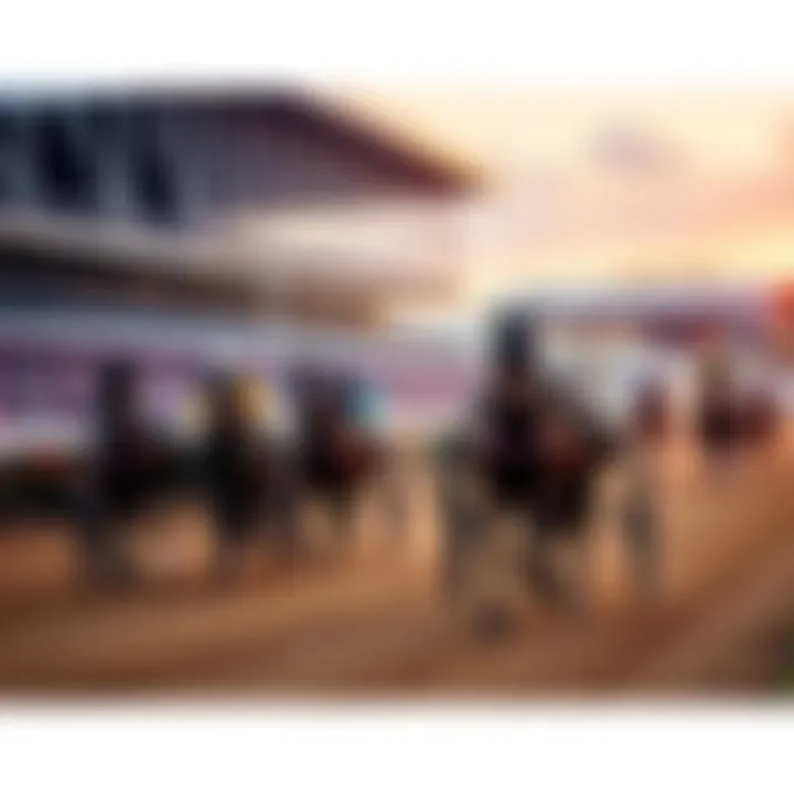 A harness racing track with horses and drivers preparing for a race in Illinois, showcasing the sport's vibrant atmosphere.