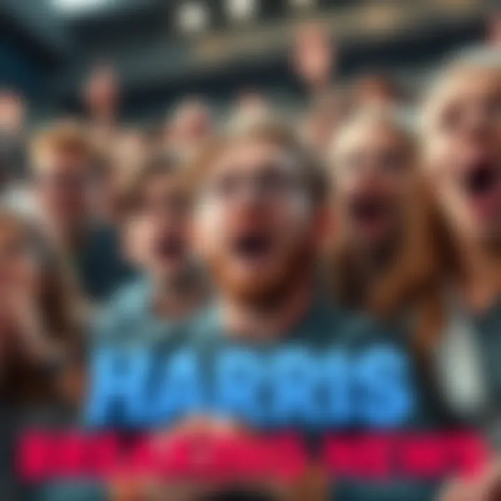 Fans reacting in shock to Harris's unexpected statement, showing mixed emotions with expressions of disbelief and surprise.