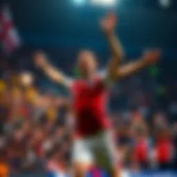 Harry Kane celebrating a goal Harry Kane celebrates after scoring a goal during the World Cup Final, with fans cheering in the background.