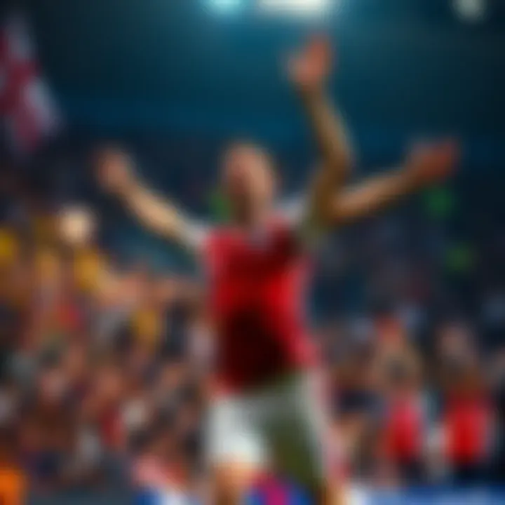 Harry Kane celebrating a goal Harry Kane celebrates after scoring a goal during the World Cup Final, with fans cheering in the background.