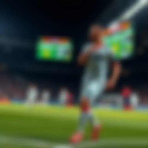 Harry Kane on the field looking focused while playing soccer, with a scoreboard in the background showing the game details