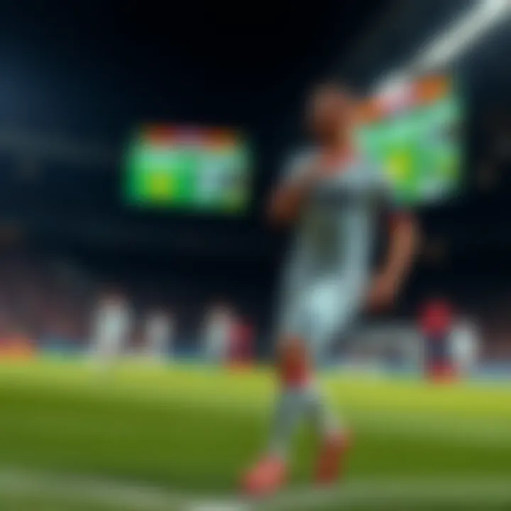 Harry Kane on the field looking focused while playing soccer, with a scoreboard in the background showing the game details