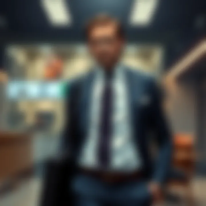 Harvey Specter, a sharp-dressed lawyer from the show Suits, stands confidently with a briefcase in a modern office setting.