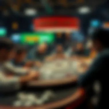 A collage of poker players at a Hustler Live table, showing both top performers and struggling players, with cards and chips scattered around.