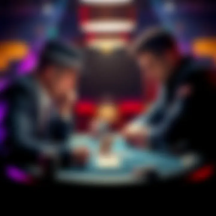 A tense heads-up Pot-Limit Omaha poker match with one card face up on the table, showcasing two players deep in thought.