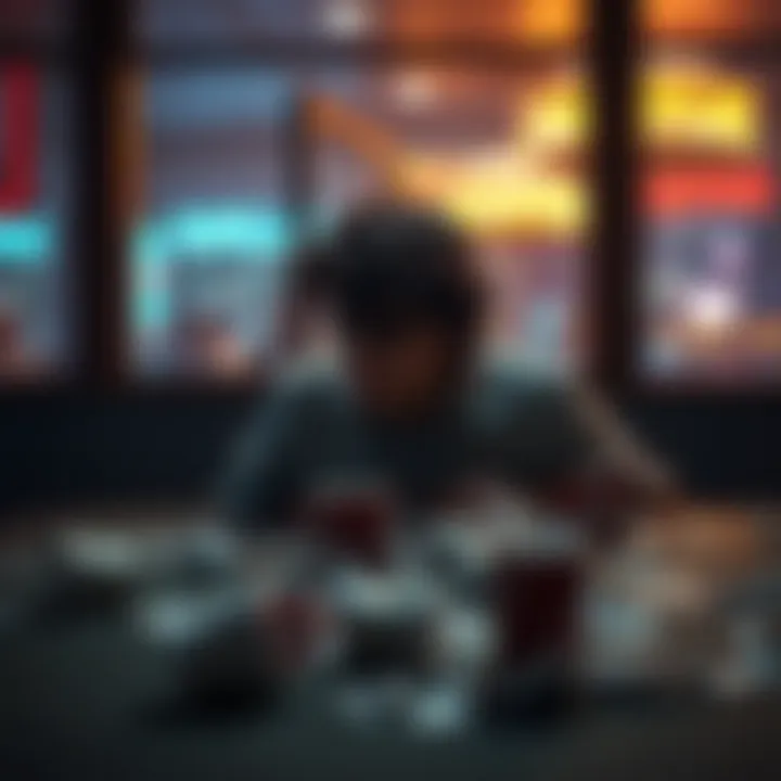 A person sitting alone at a table, with empty coffee cups and crumpled betting tickets, looking distressed after a gambling loss.