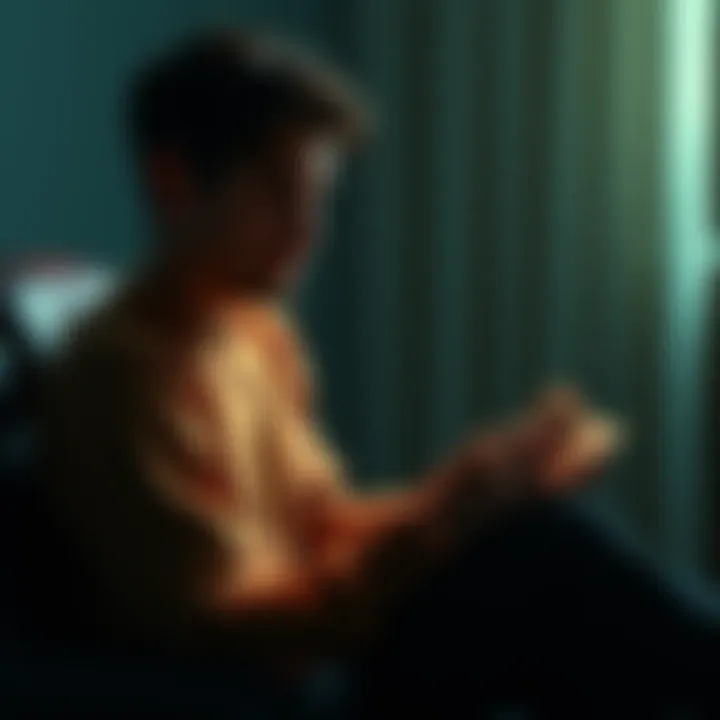 A person sitting alone, looking at old photographs with tears in their eyes, reflecting on lost memories.