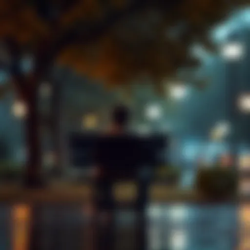 A person sits alone on a park bench, looking contemplative and sad, with a gentle rain falling around them.