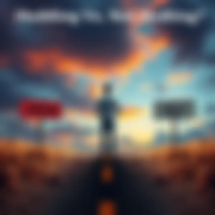 A person at a crossroads deciding between two paths labeled 'Hedge' and 'Let It Ride', symbolizing investment choices.