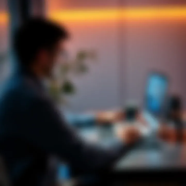 A person sitting at a desk using a laptop to guide another person on a video call for GAMSTOP registration.