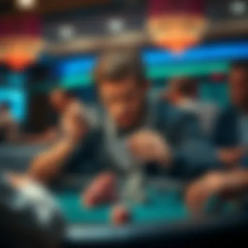 A player looks thoughtfully at his cards while sitting at a poker table surrounded by other players and chips.