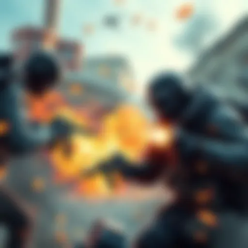 Action-packed scene from a CS2 match showing players in intense combat, with explosions and gunfire in the background.