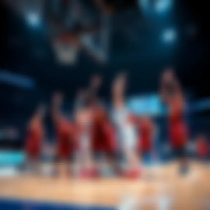 A basketball team celebrating a recent victory on the court, showcasing excitement and teamwork during a game.