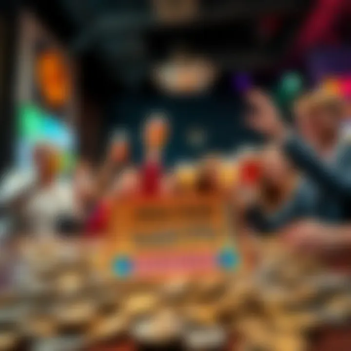 A close-up of a colorful lotto ticket placed on a table surrounded by coins and a cheering group of friends raising their drinks in excitement.