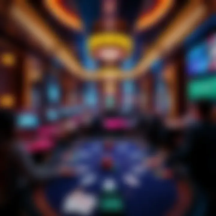 High Roller Casino Experience A lavish casino interior with high stakes poker tables and luxury decor, showing players engaged in intense games, highlighting a VIP atmosphere.