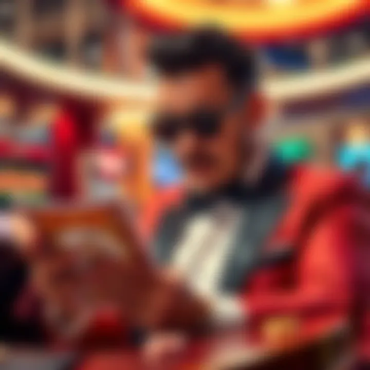 A high roller looking at casino promotional materials, excited about new bonuses and perks available for high-stakes players.