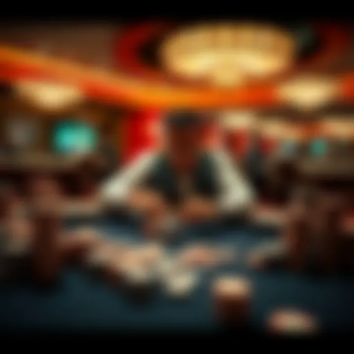 A high roller placing a large bet on a casino table surrounded by stacks of chips