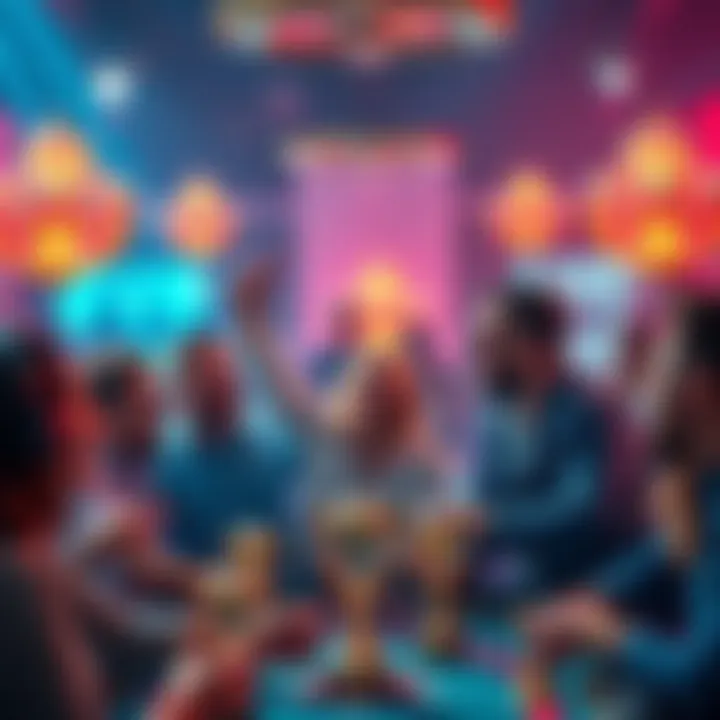 A group of people excitedly sharing their big wins at a vibrant forum gathering, with trophies and awards displayed prominently.