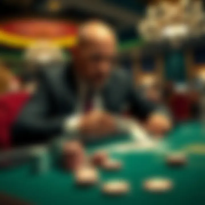 High roller at a gambling table A high roller nervously looks at cards while chips are stacked on the table, showing signs of tension and excitement in a casino setting.