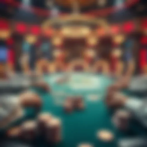 A luxurious poker table with high-stakes players surrounded by chips and cards, showcasing the atmosphere of high-stakes gambling
