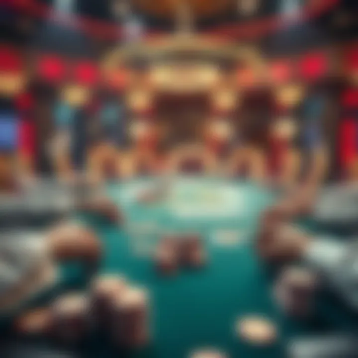 A luxurious poker table with high-stakes players surrounded by chips and cards, showcasing the atmosphere of high-stakes gambling