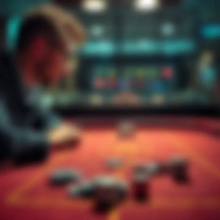 A person contemplating a risky decision while looking at a game board, with dice and chips scattered around.
