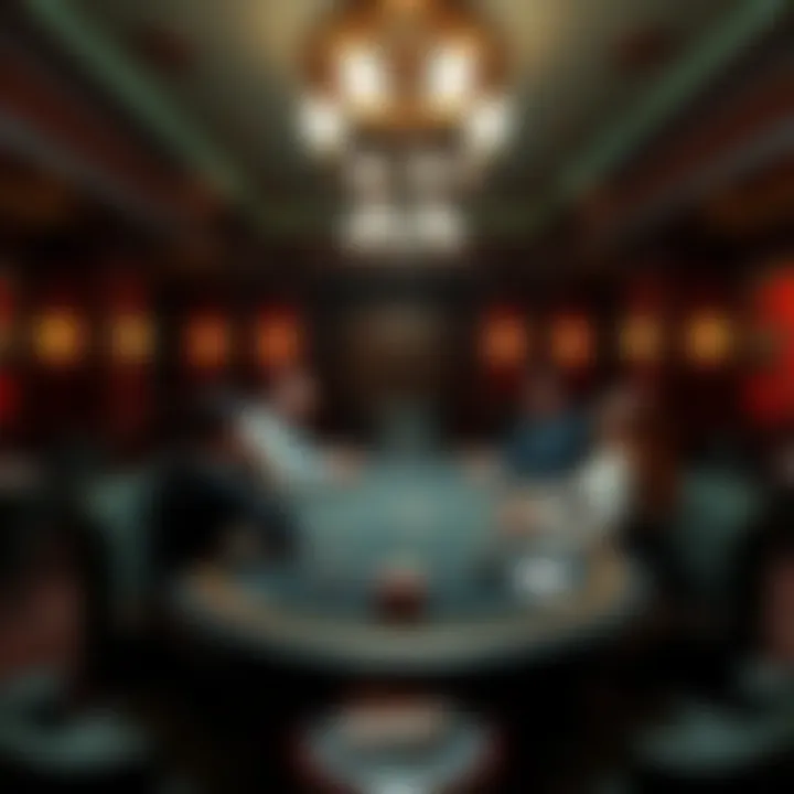 High-Stakes Gambling Club Interior view of an exclusive private club with luxury decor and people playing high-stakes poker at a table.