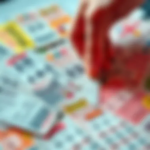A close-up of several high-priced lottery tickets spread out on a table, showcasing their colorful designs, with a hand picking one up, symbolizing excitement and hope of winning.