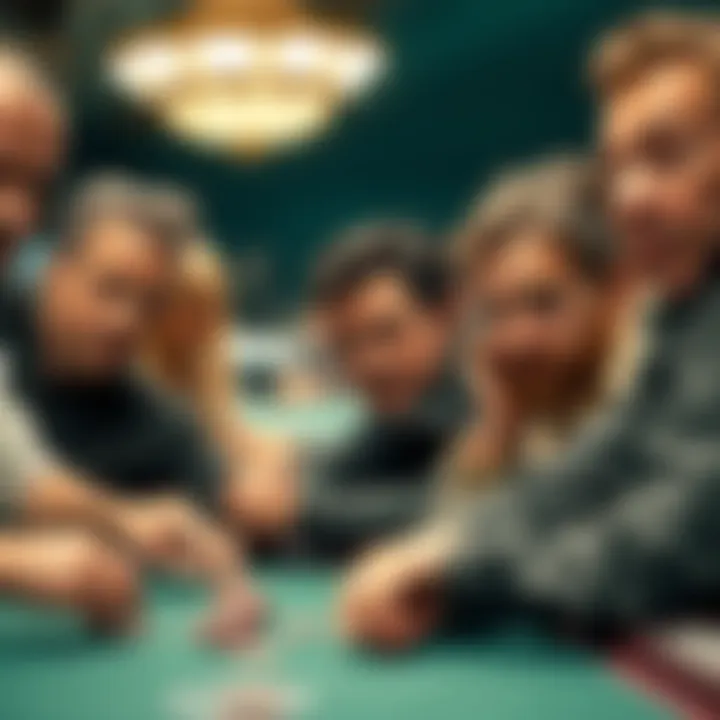 Players in a high-stakes poker game Several poker players with focused expressions, all-in chips in front of them, showcasing a tense moment in a high-stakes game.