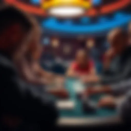 A tense moment in a high-stakes poker game, with players focused on their cards and chips in front of them.
